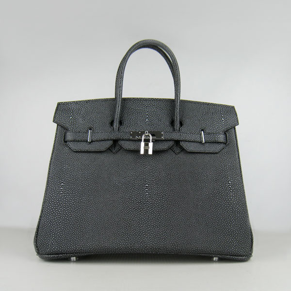 High Quality Fake Hermes Birkin 35CM Pearl Veins Leather Bag Black 6089 - Click Image to Close